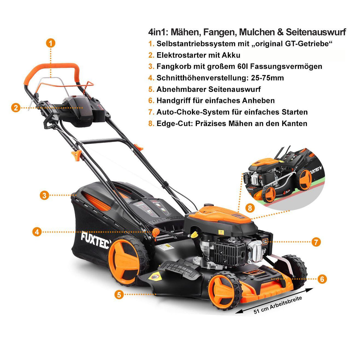 Benzin Rasenmäher E-Start FX-RM5196eS mit zipgo®