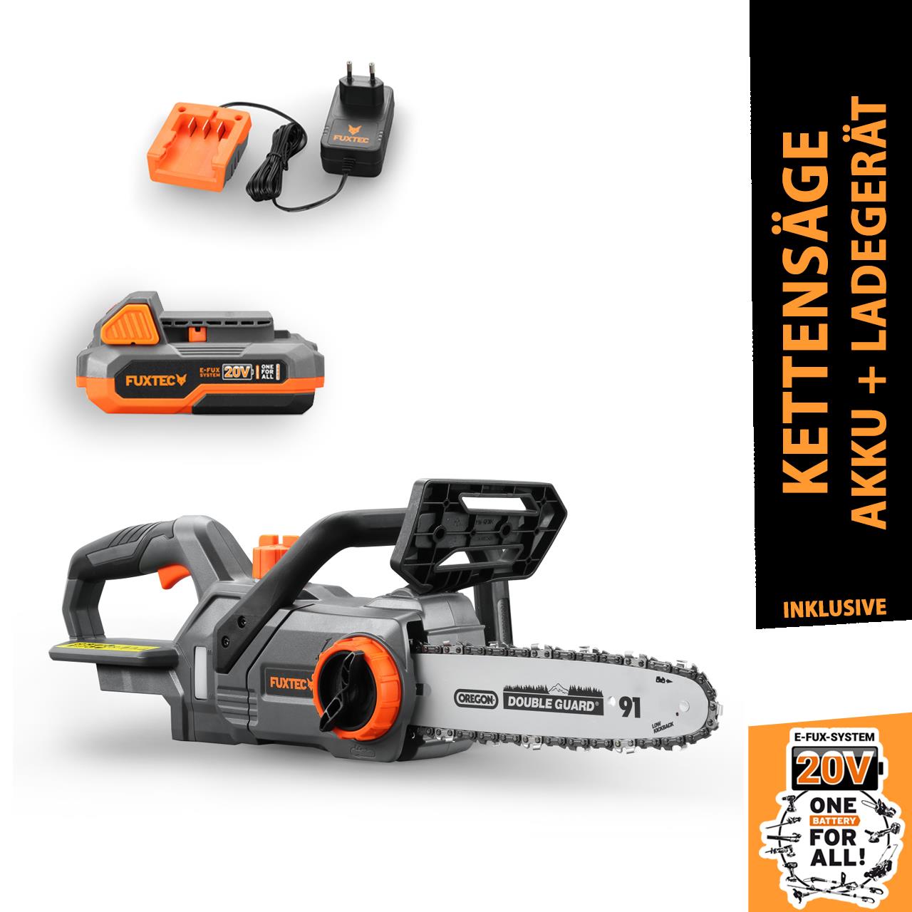 FUXTEC 20V Akku Kettensäge FX-E1KS20 SET 1 mit 1 x Akku 2Ah, 1 x Ladegerät 1A